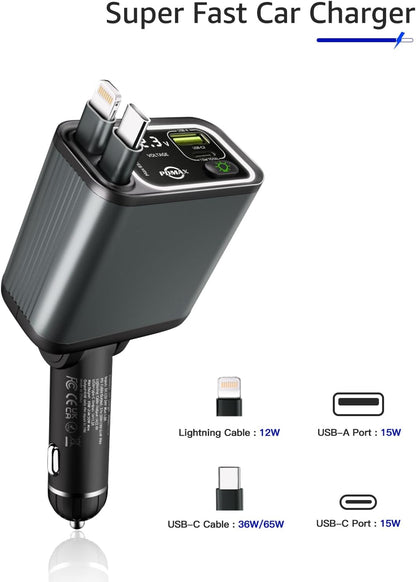Retractable Car Charger USB C,107W Type C Car Charger Fast Charging with Dual Retractable Cable and USB Ports, Compatible with iPhone 16/15/14/13,S25/24/23/22, Pixel 9/8/7
