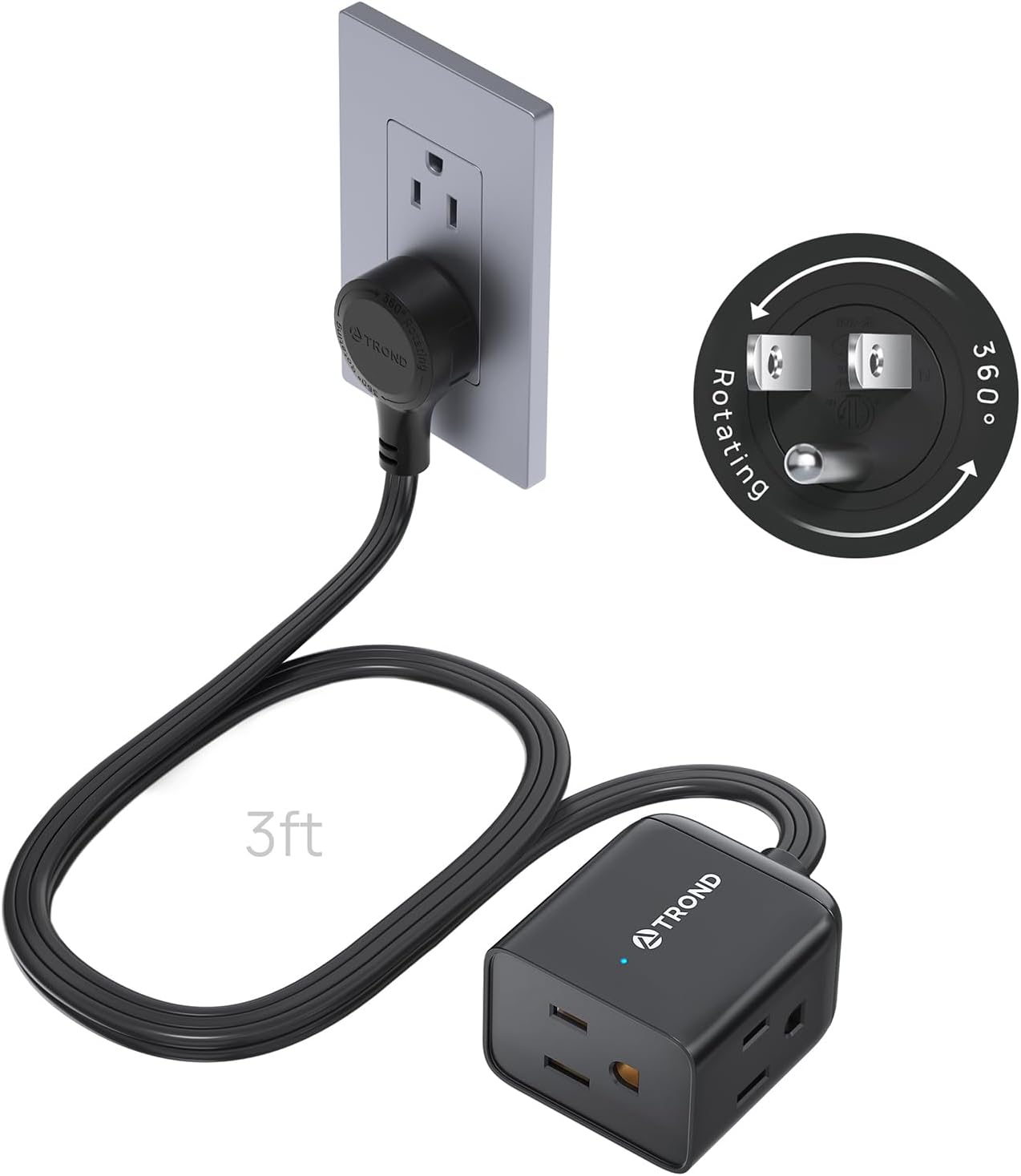 TROND 360° Rotating Flat Plug Extension Cord 3ft, Low Profile Small Power Strip, Three Side Grounded Outlet, 13A, Short SPT 16/3 Gauge Cable for Indoor Home Office Cruise Travel Essentials, Black
