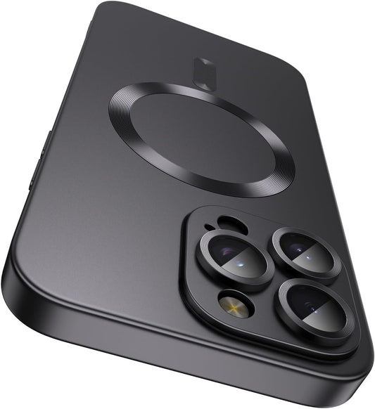 Magnetic for iPhone 16 Pro Max Case [Compatible with MagSafe][Built-in Camera Lens Protector] Slim Soft Silicone Bumper Shockproof Metallic Luster Phone Case (Black)