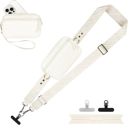 Clip and Go Strap for Phone with Wallet Crossbody, Adjustable Phone Lanyard with Detachable RFID Wristlet Wallet, Pattern Strap - Cream (L)