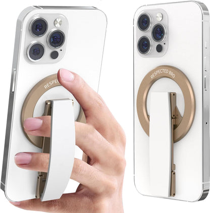 Magnetic-Phone-Grip-Stand, Magnetic Phone Ring Holder Kickstand with Silicone Finger Strap, Compatibility for iPhones, Androids, and More (White)