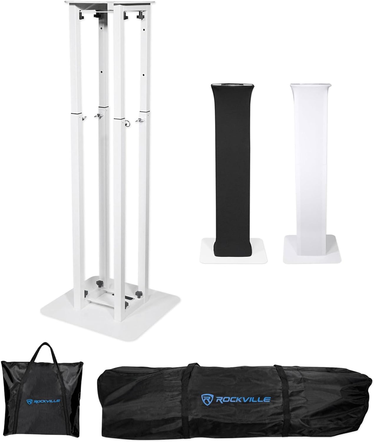 Rockville RTP82W 8 ft Adjustable Totem Light Stand, White & Black Scrims, Carry Bags, 35mm Speaker Adapter, Steel, Portable for DJs & Event Lighting