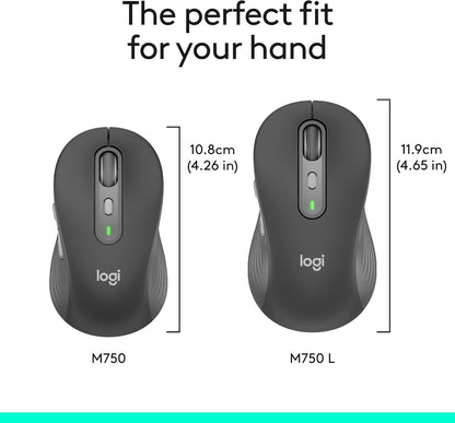 Logitech Signature Plus M750 L Wireless Mouse - for Large Hands, SmartWheel, Bluetooth, Multi Device, 24-Month Battery, Silent Clicks, Customizable Side Buttons, Contoured Shape - Graphite
