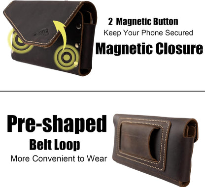 Topstache Leather Phone Holster with Belt Loop, Magnetic Closure Cell Phone Pouch Card Holder Wallet, Handmade Holder for iPhone 13 Pro Max, S22 Ultra, Dark Brown
