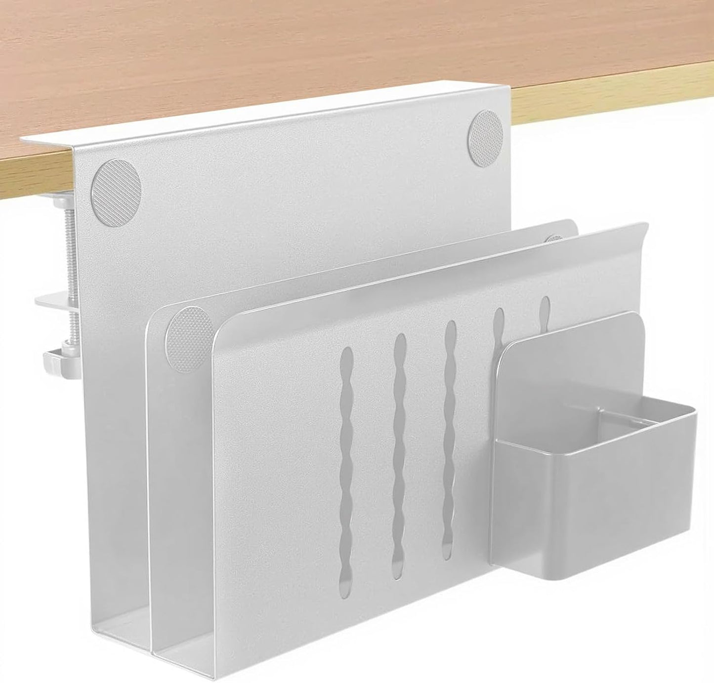 2 Tier Desk Side Storage, Under Desk Laptop Holder with Magnetic Pen Holder, Clamp on Table Organizer, No Drill Hanging Table Organizer for Office and Home Fits Flat Edge 0.3" to 2.3"