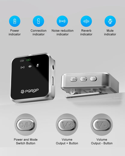 PQRQP 3 in 1 Mini Microphone for iPhone, Android, Camera | 328ft Range & 18H Battery | Noise-Canceling Mini Mic for Interviews, Content Creation, TikTok (Metallic Silver)