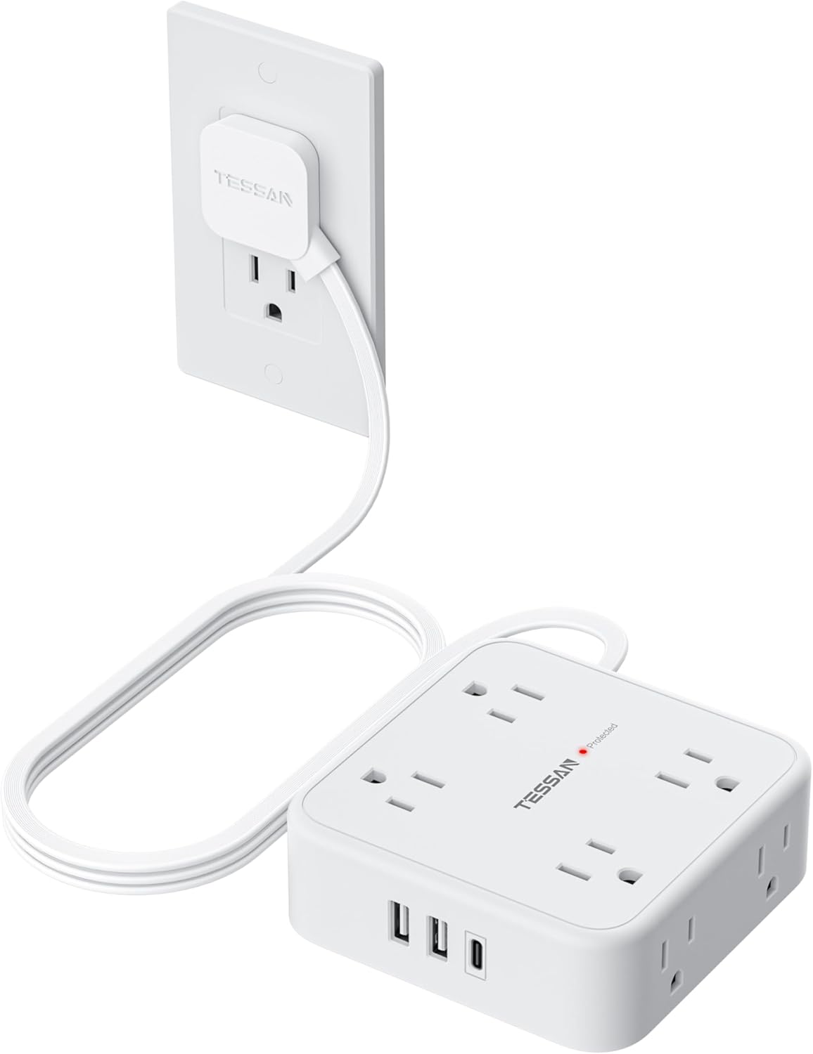 TESSAN Flat Plug Extension Cord, 5 Ft Surge Protector Power Strip with 3 USB (1 USB C) 8 Outlets, 900J Surge Protection, 3 Sided Outlet Extender with Power Switch for Dorm Room Essentials, White