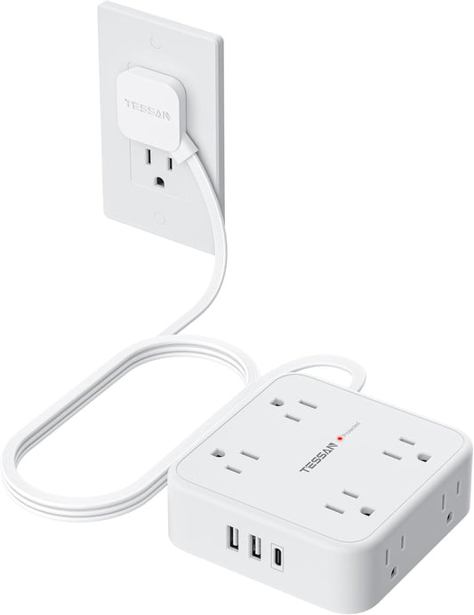 TESSAN Flat Plug Extension Cord, 5 Ft Surge Protector Power Strip with 3 USB (1 USB C) 8 Outlets, 900J Surge Protection, 3 Sided Outlet Extender with Power Switch for Dorm Room Essentials, White