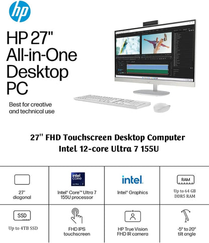 HP All-in-One Desktop - 27'' FHD Touchscreen Computer, Windows 11 Pro, Intel 12-core Ultra 7 155U(Beats i7-1355U), Wi-Fi 6, Bluetooth, Adjustable Height, Anti-Glare (16GB RAM | 1TB SSD)