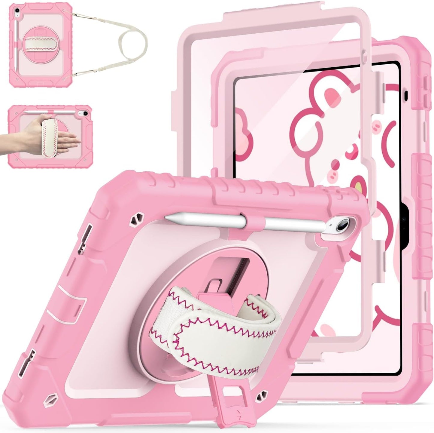 Cantis Case for iPad 11-inch (A16) 2025/ iPad 10th Generation 2022 (10.9 inch) with Screen Protector, iPad 11th Case with 360 Degree Rotating Stand/Shoulder Strap/Pencil Holder, Pink