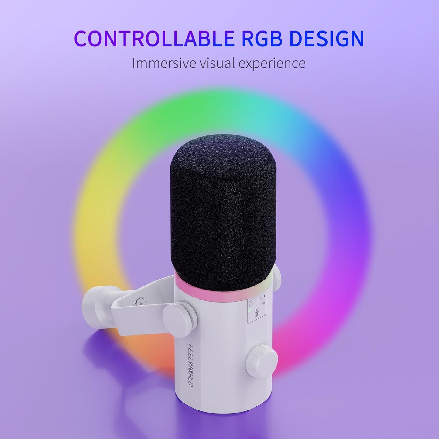 FEELWORLD PM1 XLR USB Dynamic Microphone with Desktop Stand Gifts for Podcast Recording PC Computer Gaming Streaming Vocal Voice-Over, Studio Metal Mic, RGB Light, Mute Button, Headphones Jack (White)