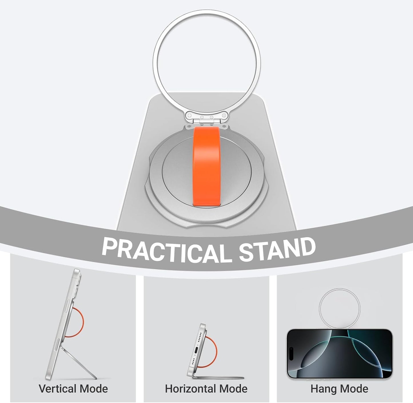 Grat 3 Upgraded Magnetic Phone Grip Stand, 360° Rotatable Silicone Strap Phone Loop Holder, Detachable Ring Kickstand Compatible with Magsafe iPhone 16 15 14 13 12 Pro/max, Silver