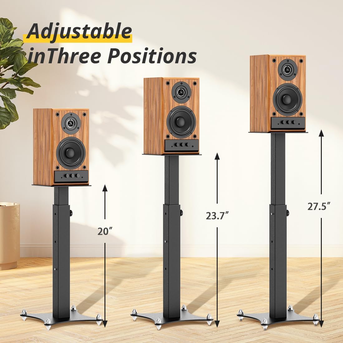 Adjustable Bookshelf Speaker Stands Pair, 20-27.5 Inch All-Metal Heavy Duty Holds 100lbs Universal for Surround Sound with Cable Management