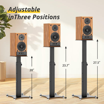 Adjustable Bookshelf Speaker Stands Pair, 20-27.5 Inch All-Metal Heavy Duty Holds 100lbs Universal for Surround Sound with Cable Management
