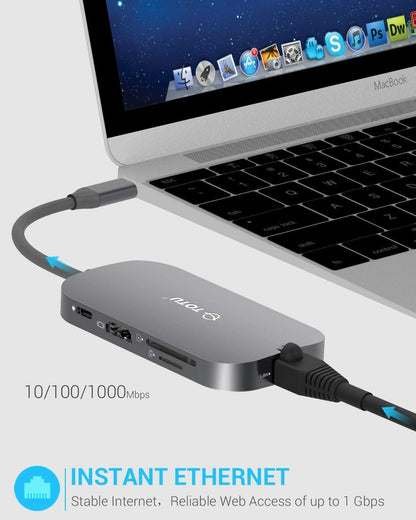 USB C Hub, 9-in-1 Type C Hub with Ethernet Port, 4K USB C to HDMI, 2 USB 3.0 Ports,1 USB 2.0 Port, USB-C Power Delivery, Portable for Mac Pro and Other Type C Laptops