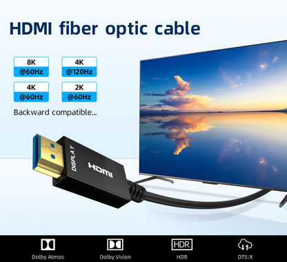 8K HDMI Fiber Optic Cable 100ft, 4K120 8K@60Hz HDMI 2.1 Cable, 48Gbps Ultra High Speed Slim HDMI Optical Audio Cable HDMI Cord, eARC HDR10 HDCP 2.2 Compatible with PS5 Xbox TV Projector