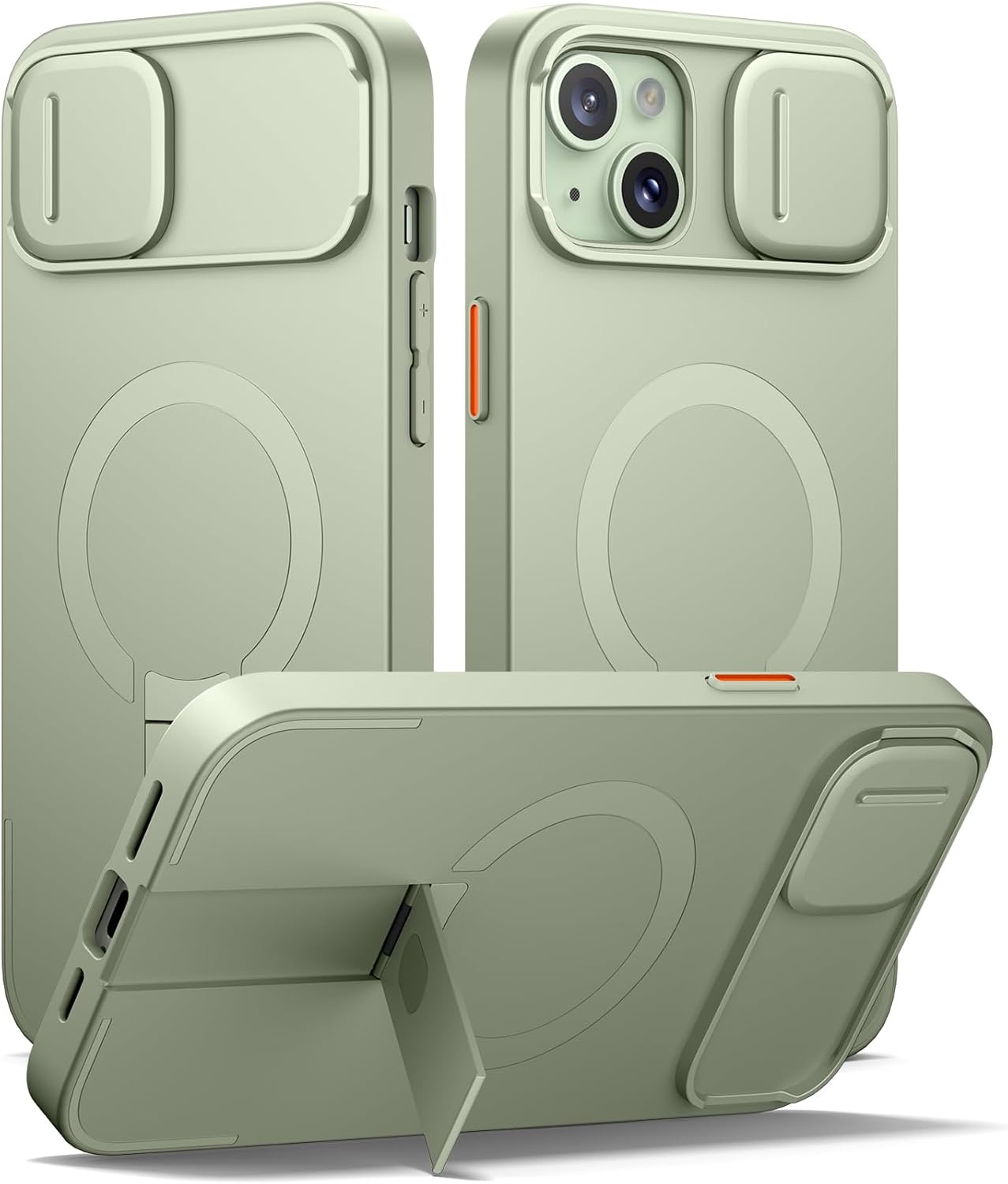 SURITCH for iPhone 14 Plus/15 Plus Case with Magnetic Camera Slide Cover and Adjustable Kickstand, Compatible with MagSafe, Shockproof Bumper Case Slim Protective Cover 6.7 Inch, Green