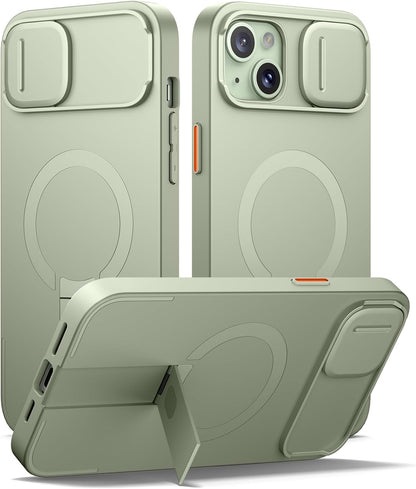 SURITCH for iPhone 14 Plus/15 Plus Case with Magnetic Camera Slide Cover and Adjustable Kickstand, Compatible with MagSafe, Shockproof Bumper Case Slim Protective Cover 6.7 Inch, Green