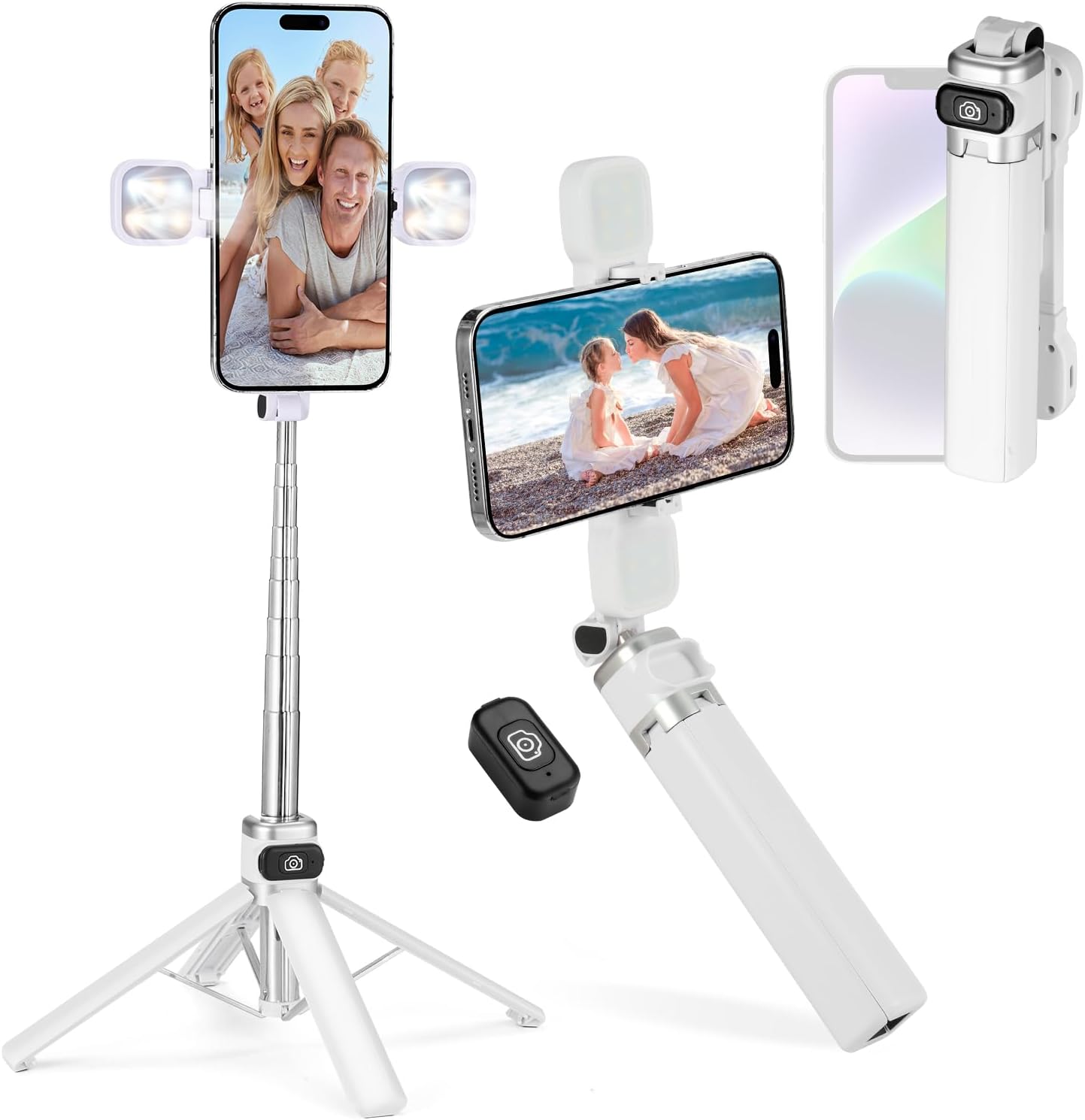 Mini Phone Tripod Stand,MQOUNY 38" Phone Tripod &Selfie Stick with Wireless Rechargeable Remote & Removable Light, Extendable Tripod Stand 360 Rotation Compatible with Phone&Android Samsung (White)