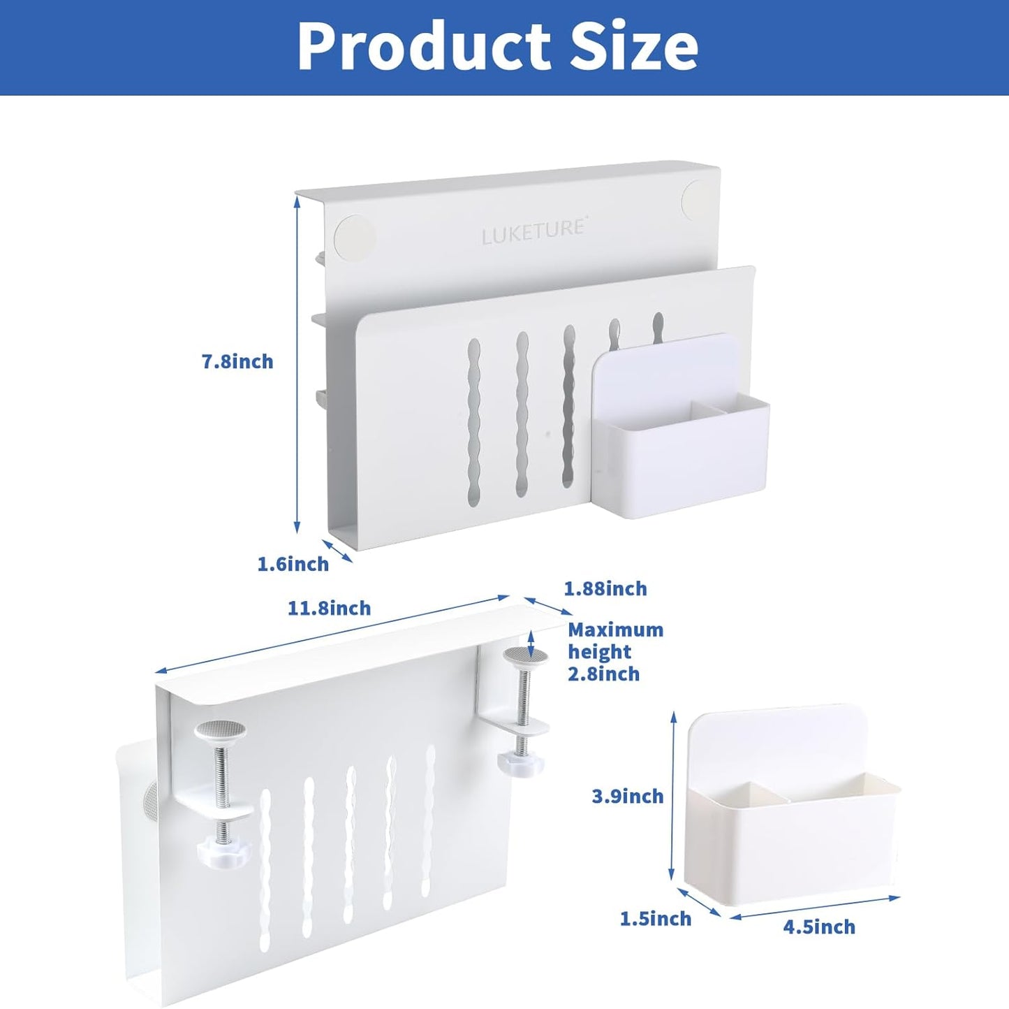 LUKETURE Laptop Holder, Steel Desk Side Storage, No Drill Standing Desk Accessories, Clamp on Laptop Mount with Pen Holder, Fits Flat Edge Tables 0.3" to 2.8" (White, M(1 Tier))