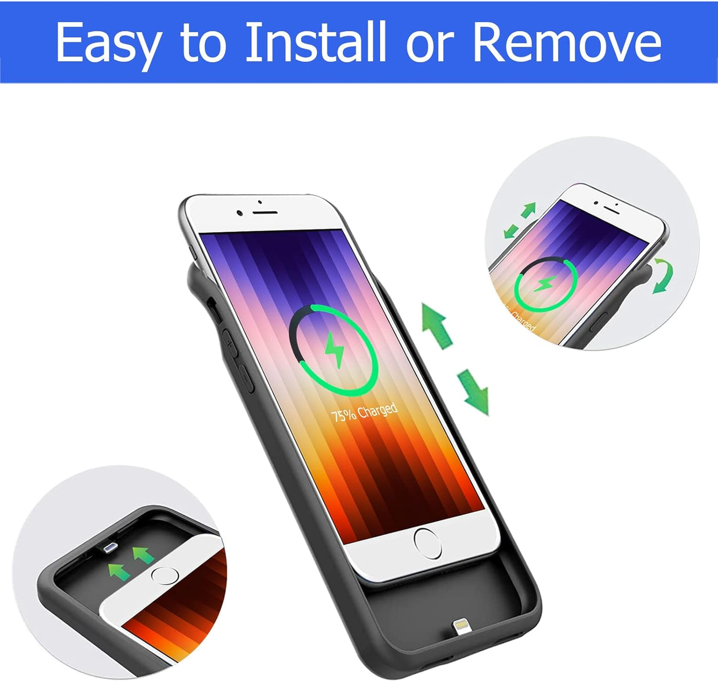 Battery Case for iPhone 7/8/6s/6/SE 2020/SE 3, [10000mAh] Rechargeable Smart Extended Charging Case Compatible with iPhone SE 3/6/6s/7/8/SE 2020 (4.7 inch) Backup Power Battery Pack Charger Case-Black