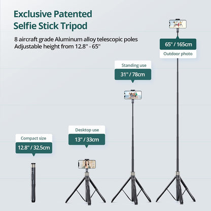 ATUMTEK 65" Selfie Stick Tripod, All in One Extendable Phone Tripod Stand with Bluetooth Remote 360° Rotation for iPhone and Android Phone Selfies, Video Recording, Vlogging, Live Streaming, Black