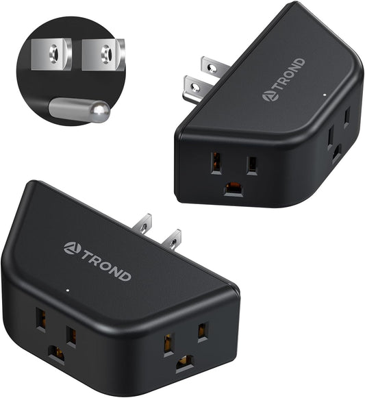 TROND 2 Pack Multi Plug Wall Outlet, 3 Way Angled Wall Outlet Extender, 3 Prong Plug Splitter, Cruise Essentials, Multiple Expander for Travel Home Hotel Dorm Room, Black