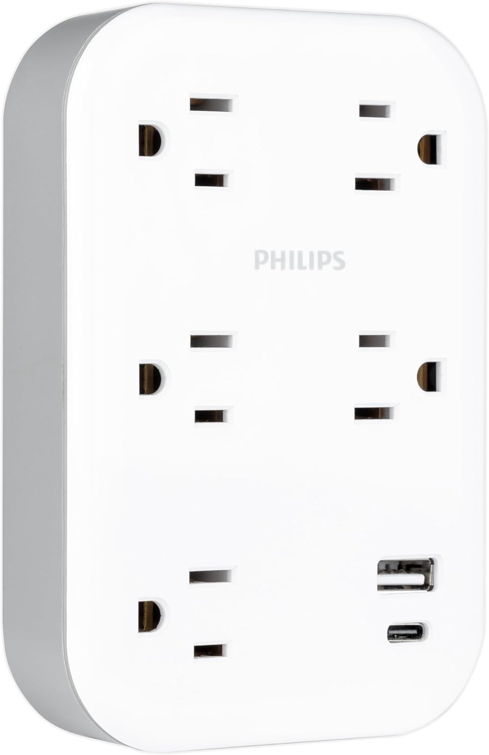 Philips EZFit 5-Outlet Extender Wall Tap with Surge Protection, Grounded Adapter, Charging Station, 3 Prong, 1 USB-A, 1 USB-C, 900J, White, SPP3513W/37