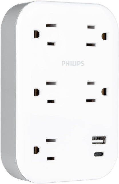 Philips EZFit 5-Outlet Extender Wall Tap with Surge Protection, Grounded Adapter, Charging Station, 3 Prong, 1 USB-A, 1 USB-C, 900J, White, SPP3513W/37