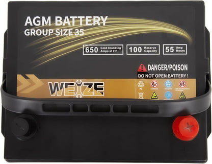 Weize Platinum AGM Battery BCI Group 35 Automotive Battery, 100RC, 650CCA, 36 Months Warranty