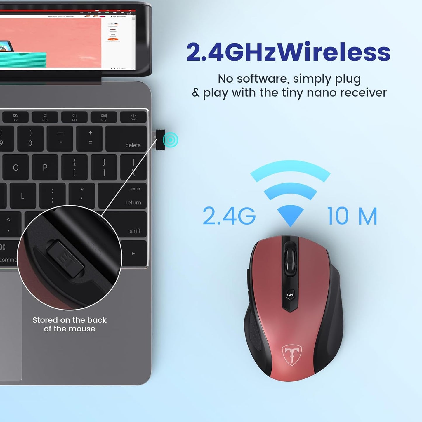 Wireless Mouse, D-09 Computer Mouse USB Cordless Mice for Laptop, Ergo Grips, Lightspeed 5-Level 2400 DPI, 16 Months Battery, Portable for PC Mac Chromebook (Red, 1 Pack)