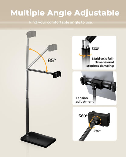 Extended Tablet Floor Stand, 360 Rotating Adjustable iPad Floor Holder with Long Flexible Arm, Compatible with 4-13" Devices, Stand for Bedside, Sofaside, Table, Desk (Black)