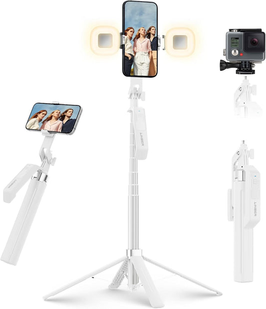 71" Selfie Stick Tripod with Wireless Remote & 2 Fill Lights, Tall Phone Tripod Stand with Quad-Leg Base, Aluminum Alloy White Stick for iPhone, Android, GoPro, Vlogging & Video