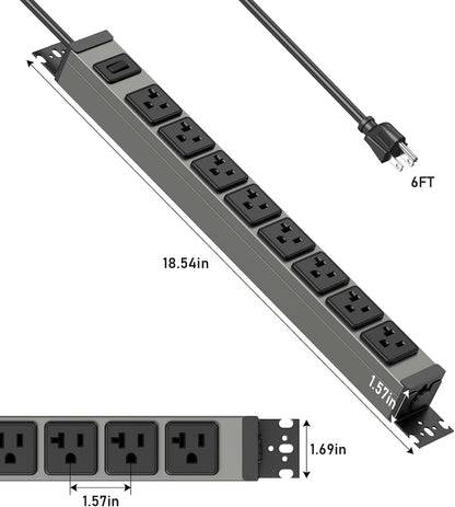 JUNNUJ Heavy Duty Power Strip Wall Mount,Magnetic Power Strip,20 Amp Surge Protector 1200J Metal 8 Outlet Under Desk,Garage Mountable Power Bar Table Socket Industrial Outlets 6-20R T-Slot,6FT 12AWG