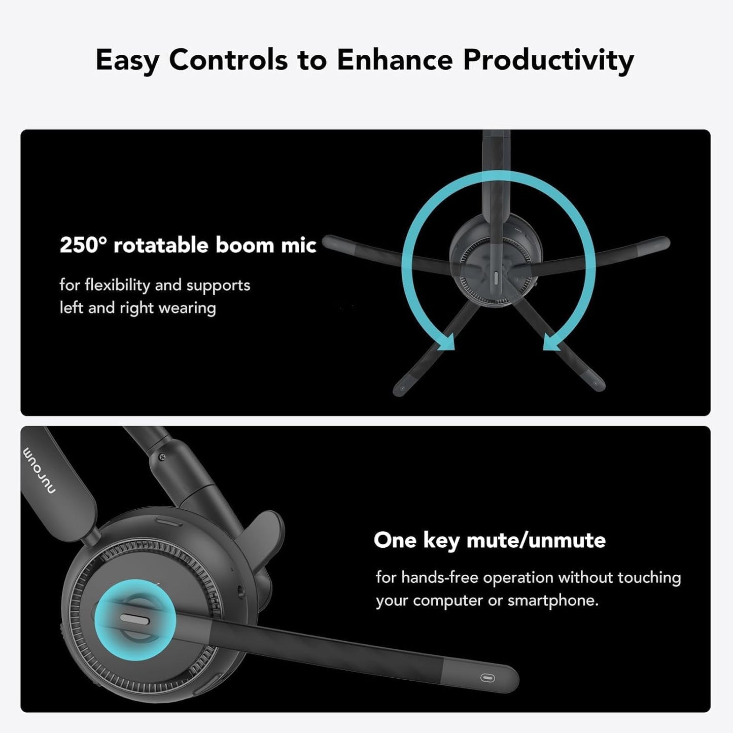 NUROUM HP31S(2nd Gen) Single Ear Wireless Headset with Mic, Bluetooth Headset with Noise Cancelling Microphones, Charging Stand, One Ear, Multi-Point/Mute, 45H Playback for Trucker/Call Center/Office