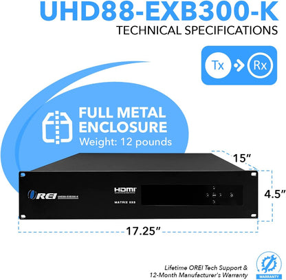 OREI 8X8 4K HDMI Matrix Switcher Extender - HDBaseT UltraHD 4K @ 60Hz 4:4:4 Over Single CAT5e/6/7 Cable with HDR, CEC & IR Control, RS-232 - Up to 400 Ft - Additional 8 Loop Out - 8 Receivers