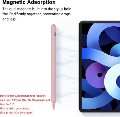 Stylus Pen for iPad 9th&10th - Fast Charge for iPad Pencil Palm Rejection Active Pen Compatible with (2018-2025) Apple iPad 6/7/8/9/10/11(A16), iPad Pro 11"/12.9"/M4, Mini 5/6, Air 3/4/5/M2/M3 (Pink)