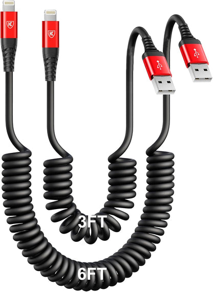 Coiled Lightning Cable, iPhone Charger Cable 3FT/6FT for CarPlay, 2 Pack [Apple MFi Certified] Lightning Cord Compatible with iPhone14/13/12/11 Pro Max/XS MAX/XR/XS/X/8/7/Plus/6S iPad/iPod-Red