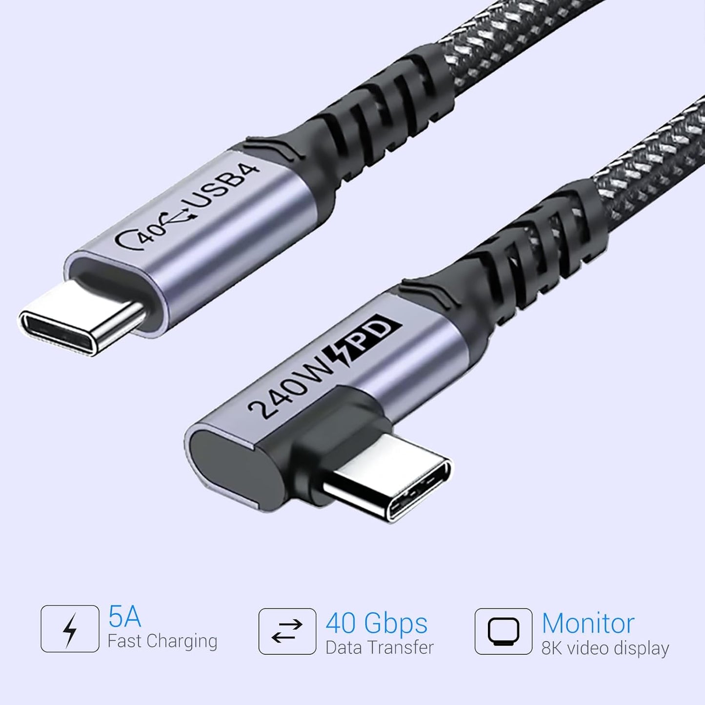 Short USB 4 Cable Right Angle [1.5FT 2 Packs], 240W Fast Charging with High Speed 40Gbps Data Transfer and 8K Video Display Compatible with iPhone 16/16 Plus/16 Pro Max, MacBook, Galaxy S23