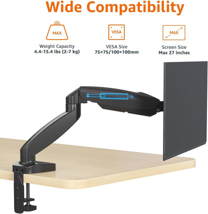 Amazon Basics Gas Spring Single Computer Monitor Arm Mount, Adjustable, Holds up to 27" Monitors, Black