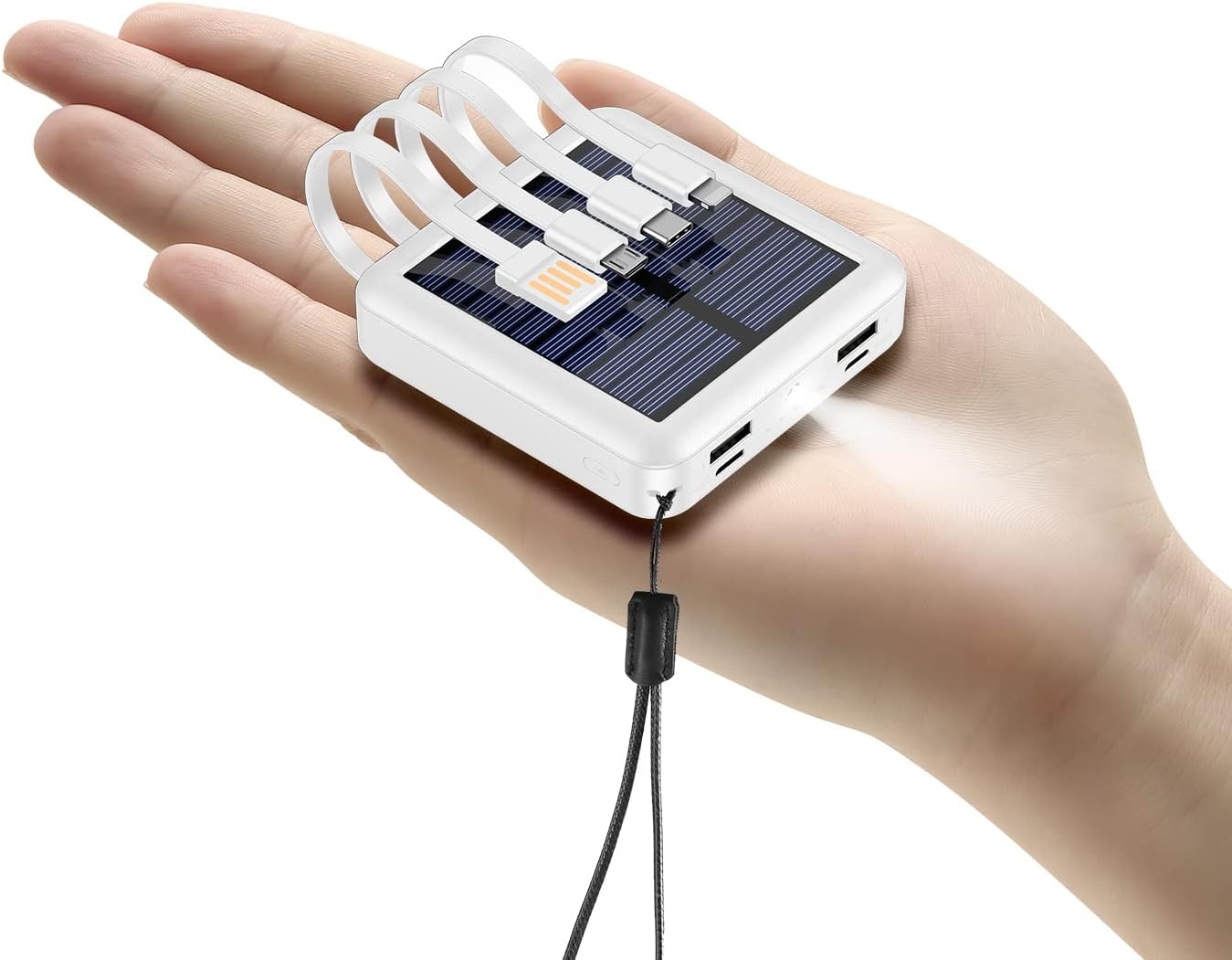 Solar Power Bank 12000mAh,Small Solar Charger Built in 4 Cables,USB C Input/Output,Dual Flashlight External Battery Portable Charger Power Bank for iPhone,Tablet,Samsung