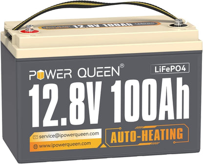 Power Queen Upgraded 12.8V 100Ah Auto-Heating Lithium Battery, Built-in 100A BMS, Low Temp Protection, Charging -4°F/-20°C, LiFePO4 Battery Up to 15000+ Cycles for RV, Off-Grid System, Trolling Motor