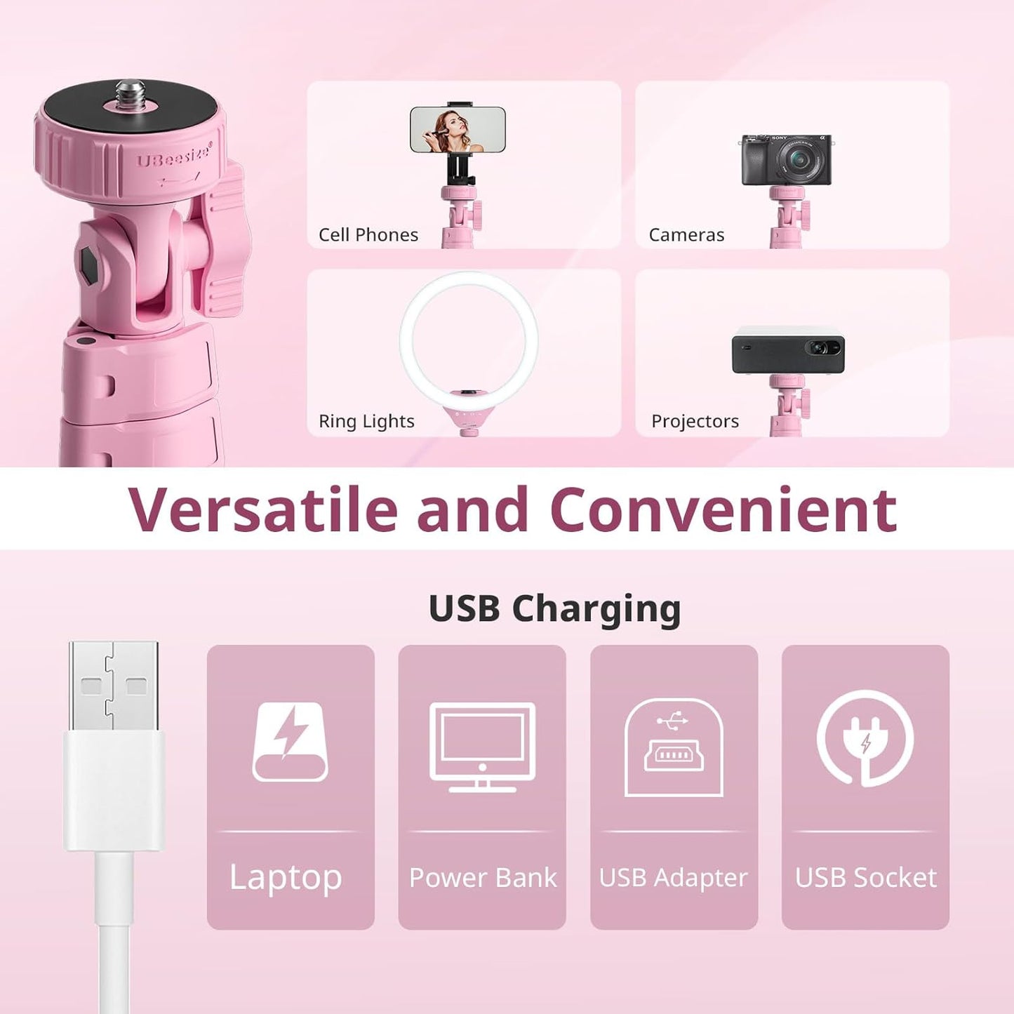 UBeesize 12'' Selfie Ring Light with 62’’ Tripod Stand for Video Recording, Live Streaming(YouTube, Instagram, TIK Tok), Compatible with Phones, Cameras and Webcams Pink