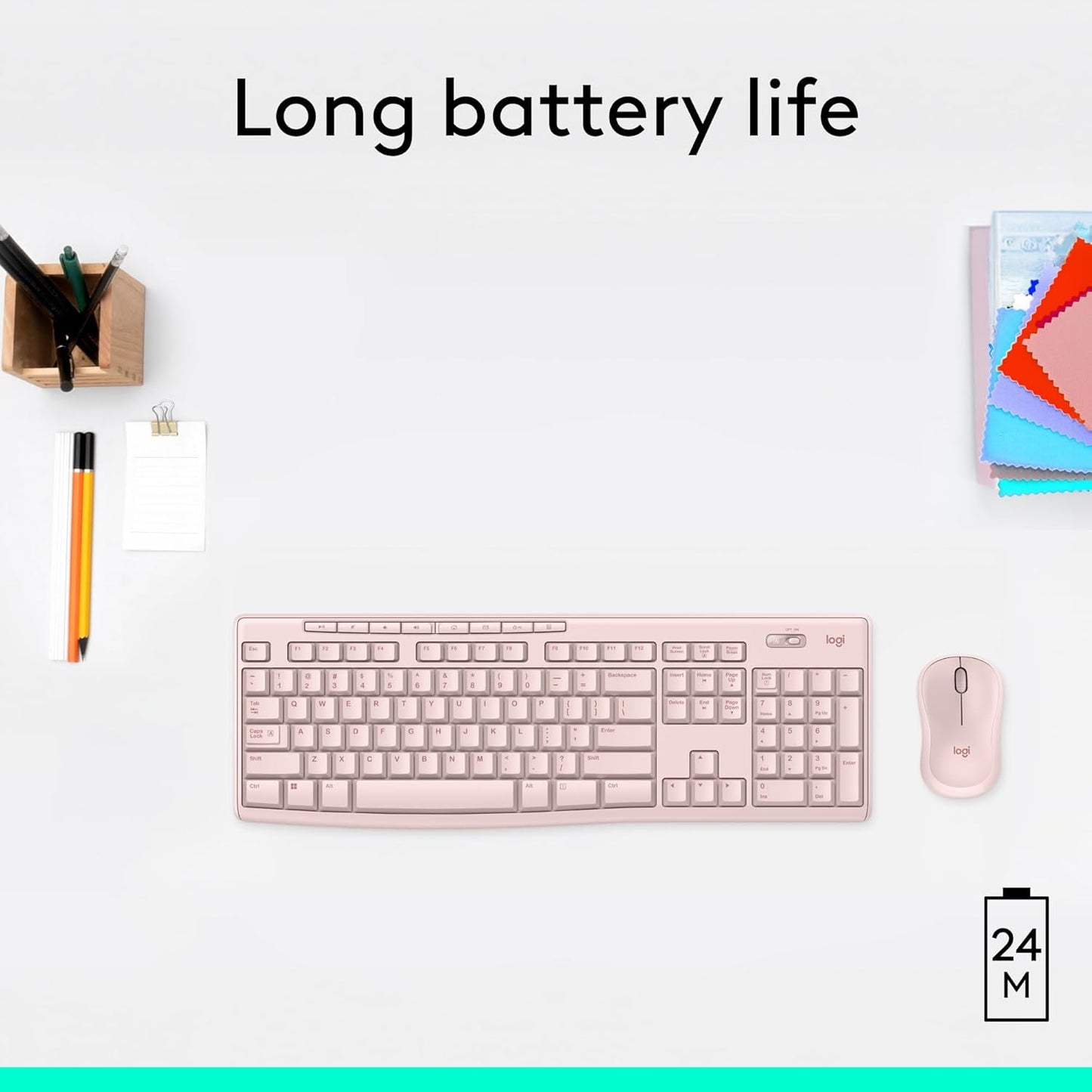 Logitech K270 Wireless Keyboard for Windows, 2.4 GHz Wireless, Full-Size, Number Pad, 8 Multimedia Keys, 2-Year Battery Life, Compatible with PC, Laptop - Rose