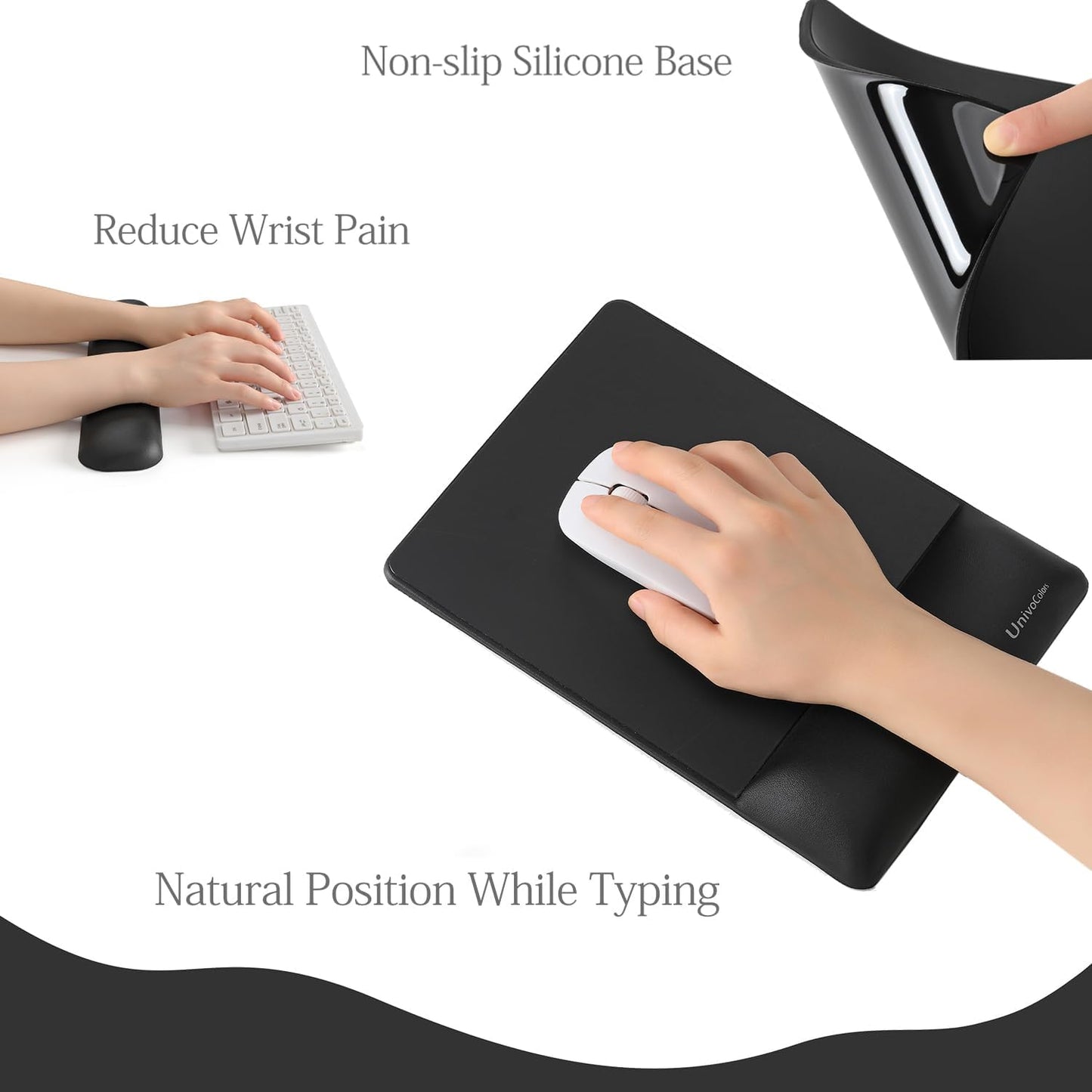 UnivoColors Design-Wave Set of Keyboad Wrist Rest & Mouce Pad,Artificial Sheepskin+Memory Foam+Ergonomic+Anti-Slip Gel, Resilience Support During Work and Gaming,Keyboard Accessory,Black