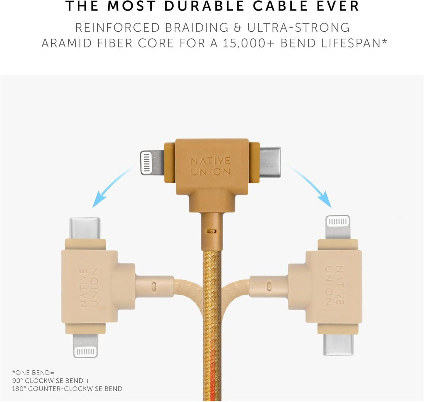 Native Union Belt Cable Duo – 5ft Ultra-Strong Braided Universal Charging Cable – Made with Recycled Materials – 2-in-1 Multi-Device MFi Certified Connectors for Lightning & Type-C Devices (Kraft)