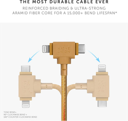 Native Union Belt Cable Duo – 5ft Ultra-Strong Braided Universal Charging Cable – Made with Recycled Materials – 2-in-1 Multi-Device MFi Certified Connectors for Lightning & Type-C Devices (Kraft)