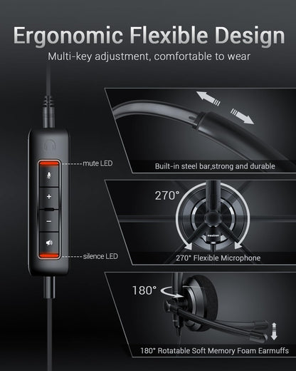 USB Headset with Microphone for PC - Lightweight Single-Ear Computer Headset, Crystal Clear Sound & Comfort Fit, Flexible Steel Headband (3.5mm+USB)