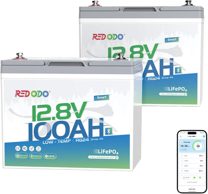 Redodo 12V 100Ah LiFePO4 Battery Bluetooth, Low-Temp Protection BCI Group 24 Lithium Battery for Trolling Motor, Bulit-in 100A Smart BMS, Perfect for Marine, Boat, RV, Solar and Off Grid - 2 Pack