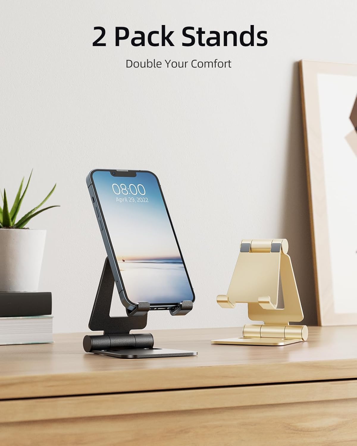 Nulaxy 2 Pack Dual Folding Cell Phone Stand, Fully Adjustable Foldable Desktop Phone Holder Cradle Dock Compatible with Phone 16 15 14 13 12 Pro Xs Xs Max Xr, All Phones, Black&Gold